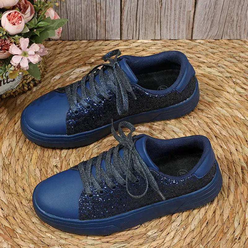 Glitter Sequin Design Flats Shoes Women Trendy Casual Thick-soled Lace-up Sneakers Fashion Skateboard Shoes - Bellarte Enchanté Glitter Sequin Design Flats Shoes Women Trendy Casual Thick-soled Lace-up Sneakers Fashion Skateboard Shoes
